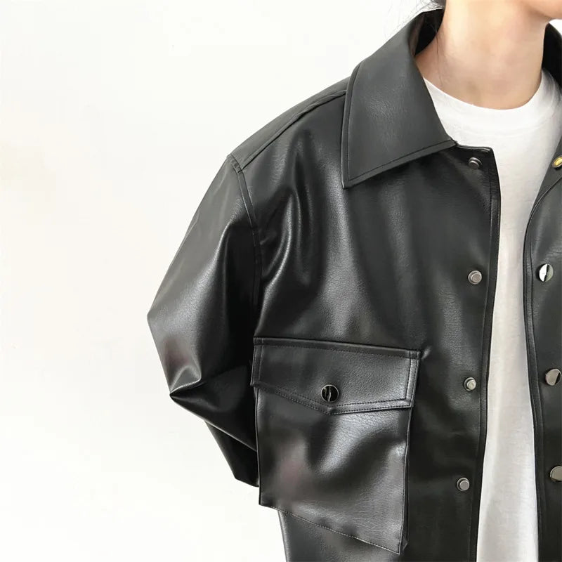 Black Short Leather Jacket Men Oversized Pocket Motorcycle Jackets Mens Streetwear Hip-hop Loose Bomber Jacket Men Korean Coat