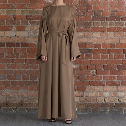 jinran Summer Elegant Solid Color Colorful Temperament Long Skirt Ladies Open Shouder Robe Satin Large Size Belt Muslim Woman Abaya