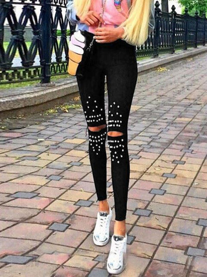 jinran Casual Chic Leggings Knee Hole Leggings 2022 New Trendy Stretch Cut Holes Beads Decoration Lady Pants Skinny High Waist Leggings