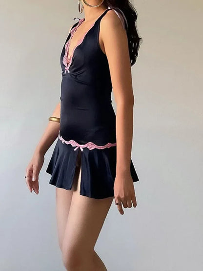 jinran Women Lace V-neck Mini Dress Bow Bandage Pleat Slit Sexy Sleeveless Slim Beach Dress Female Summer Partywear New 2024