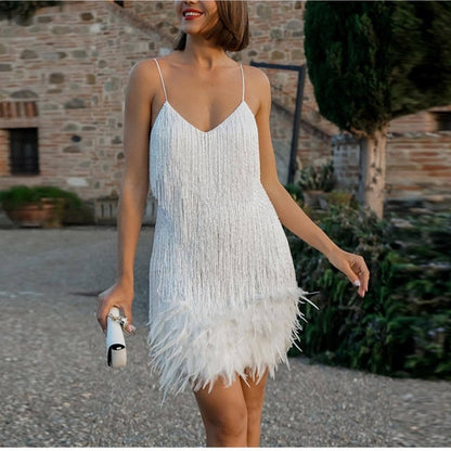 jinran 2023 New Sexy Tassel Sequins Feather Mini Dress Women Spaghetti Strap Stitching Dresses Female Elegant Evening Party Club Dress