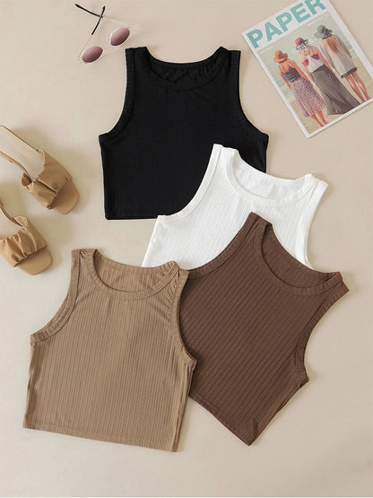 jinran Casual Basic Ribbed Knit Crop Top for Women Summer Sleeveless Round Neck Tank Cute Baby Tee Grunge Y2K Korean Fashion Streetwear