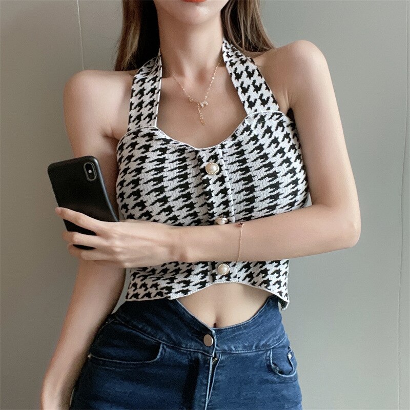 jinran Houndstooth V Neck Halter Top Crop Top Women Sexy Backless Camisole Knitting Soft Comfortable Vest Women 2022 New