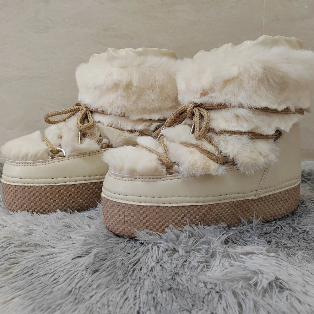 jinran 2024 Winter Snow Boots for Women Rabbit Fur Snow Boots Platform Lace-up Fluffy Furry Fur Ski Boots Female Warm Cotton Boots