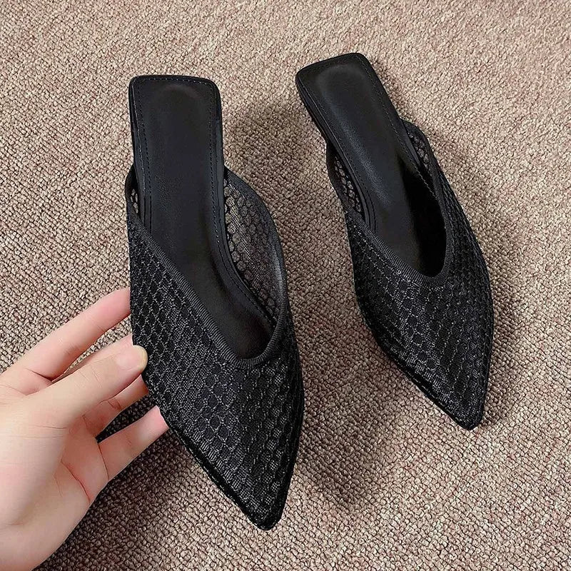 jinran Fashionable Pointed Toe Half Slippers Women 2024 Summer New Women's Mesh Hollow Slippers Plus Size Outdoor Leisure Mules Shoes