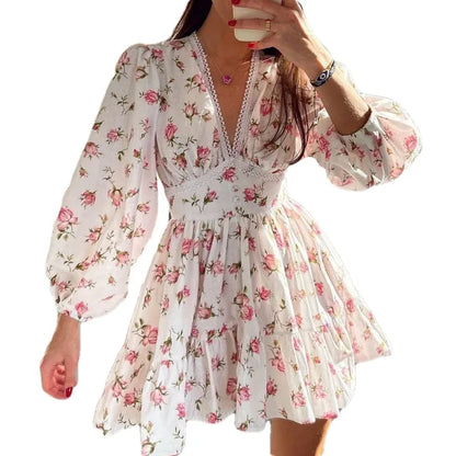 jinran Vintage Women Summer Mini Dress Long Sleeve Floral Print Ruffles V Neck High Waist A-Line Cocktail Vestidos