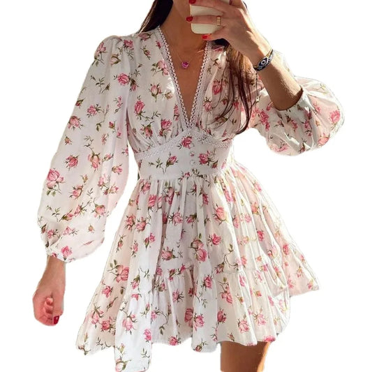 jinran Vintage Women Summer Mini Dress Long Sleeve Floral Print Ruffles V Neck High Waist A-Line Cocktail Vestidos