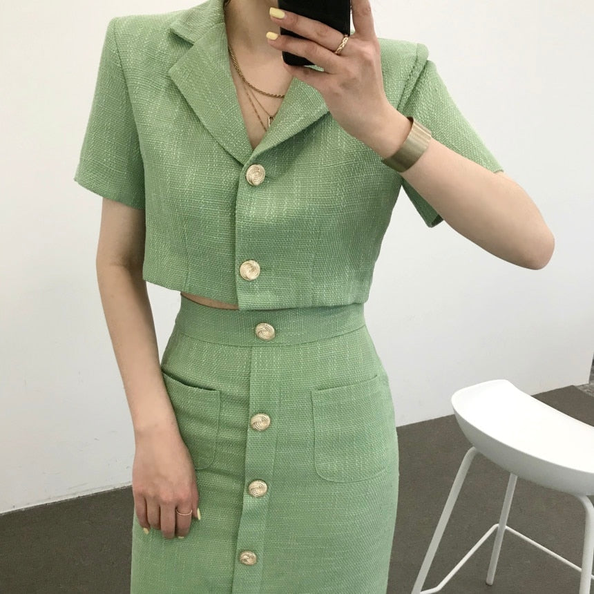 jinran Fashion Korea Elegant Lapel Thin Tweed Small Suit Short Jacket + High Waist Chic Button Slim Womens Two Piece Skirt Sets Summer