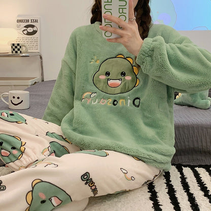 jinran Autumn Winter New Warm Flannel Women's Pajamas Set Long-sleeved Trousers Two-piece Set Cute Soft Home Wear Clothes for Women