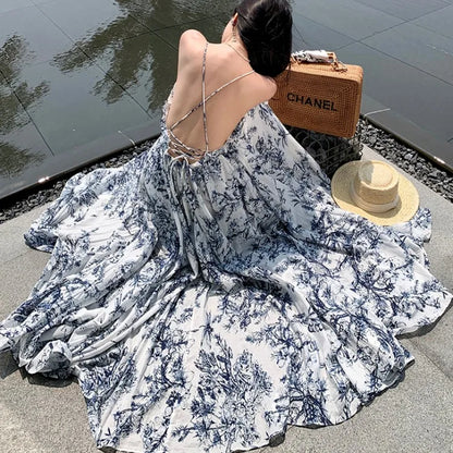 jinran Elegant Floral Print Spaghetti Strap Boho Maxi Dress Women Summer Sexy Cross Backless Casual Beach Vacation Dress Vestidos