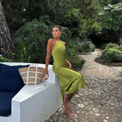 jinran Summer New Elegant Halter Backless Solid Satin Maxi Dresses Fashion Casual Dress Sexy Nightclub Party Dress Female Vestidos