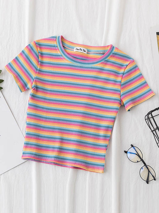 jinran New T Shirt Women Rainbow Striped Tops Slim Fit t shirt Harajuku Tshirt Summer Short Sleeve Korean T-shirt feminina Clothes Tops