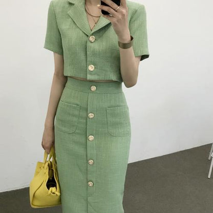 jinran Fashion Korea Elegant Lapel Thin Tweed Small Suit Short Jacket + High Waist Chic Button Slim Womens Two Piece Skirt Sets Summer