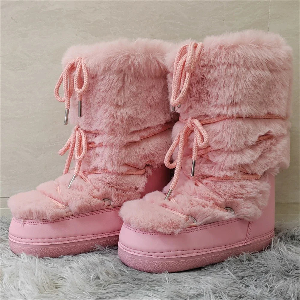 jinran 2024 Winter Snow Boots for Women Rabbit Fur Snow Boots Platform Lace-up Fluffy Furry Fur Ski Boots Female Warm Cotton Boots