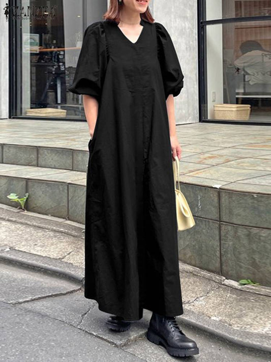 jinran Women Casual V Neck Solid A-Line Vestido 2022 Fashion Long Puff Sleeve Sundress Holiday Dress Retro Kaftan Dress Oversize