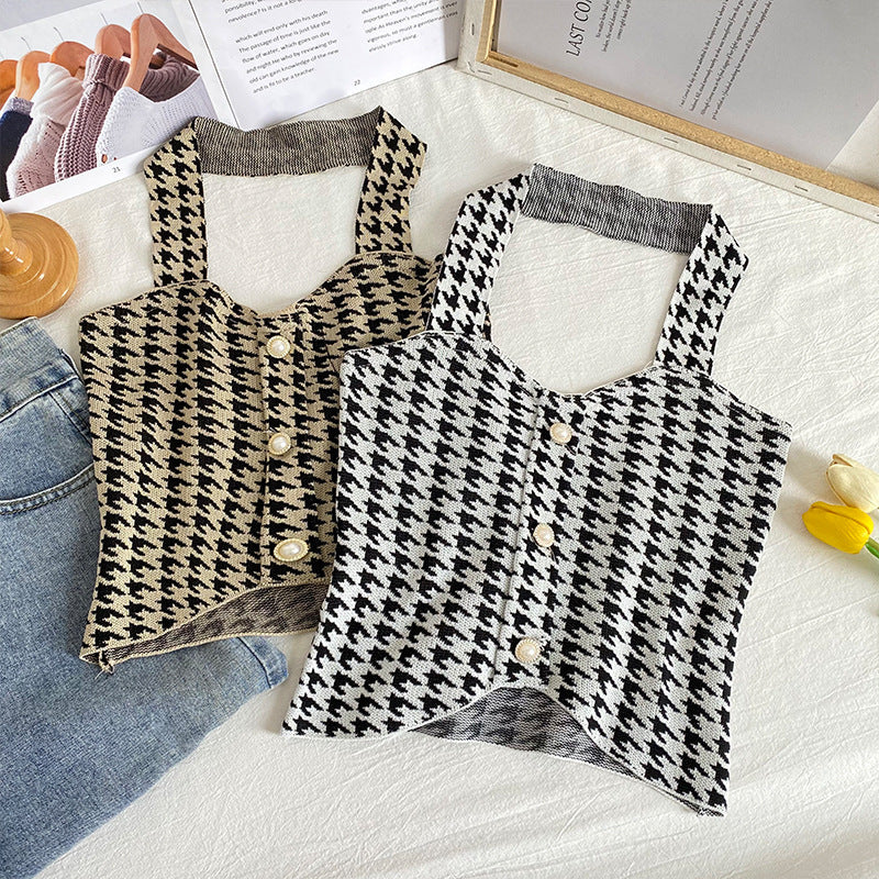 jinran Houndstooth V Neck Halter Top Crop Top Women Sexy Backless Camisole Knitting Soft Comfortable Vest Women 2022 New