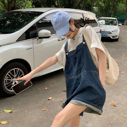 jinran  Vintage Blue Jean Jumpsuit Women Summer Korean Fashion High Waist Loose Square Collar Playsuits Sleeveless Sweet Rompers