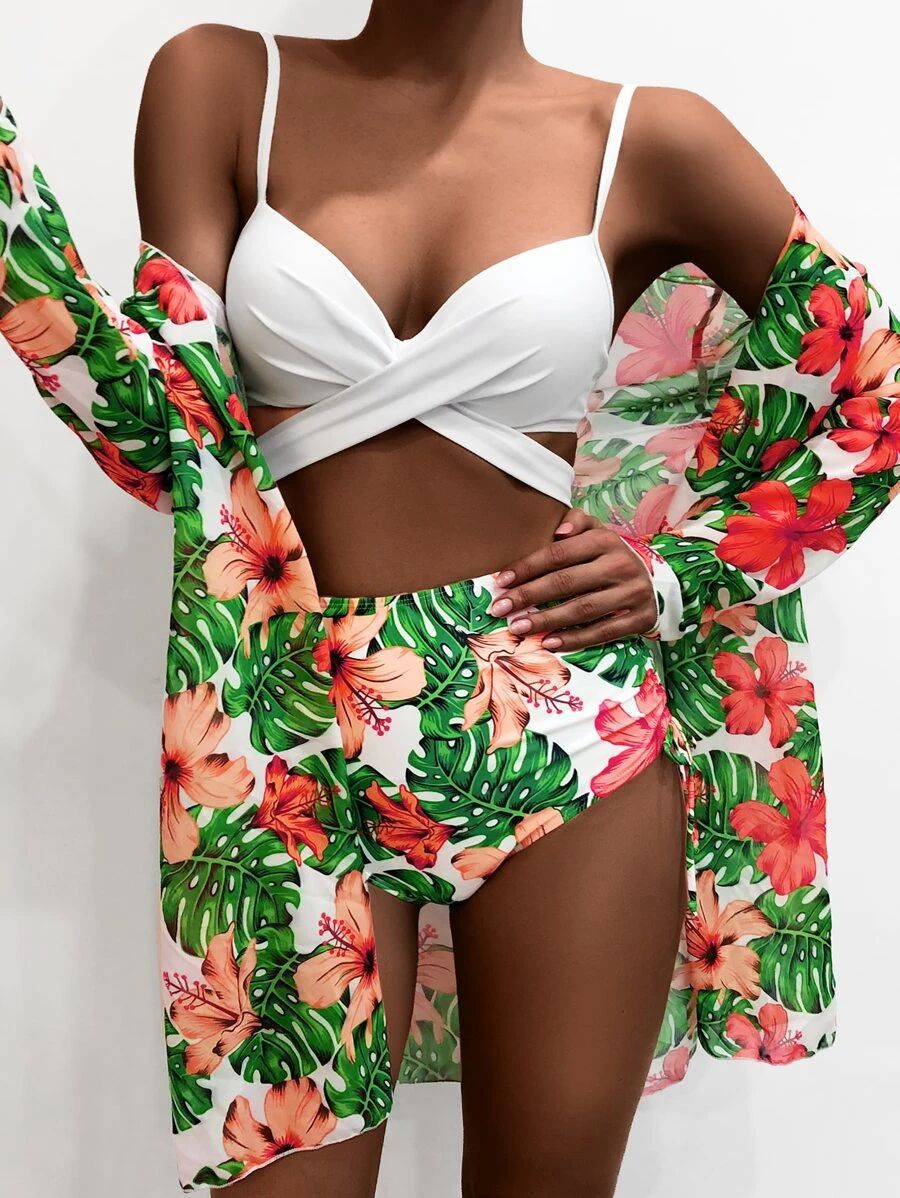 jinran New Bikini Sexy Mesh Three-piece Printed Split Swimsuit Women Women's Bikinis Trend Swimwear Two-piece Push Up