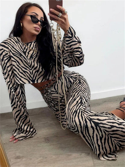 nvxiot  -  Zebra Printed 2 Piece-Set Long Skirt For Women Striped Lace-Up Cropped Top And High Waist Fashion Maxi Skirt Outfits 2024