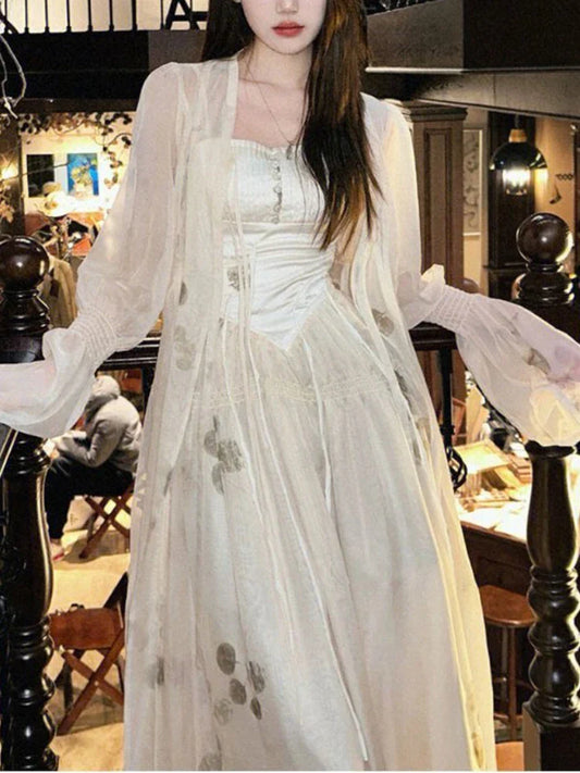 jinran Vintage Floral Dress Women Elegant Korean Style Patchwork Slip Dress Female Casual Party Long Fairy Dress Autumn 2024