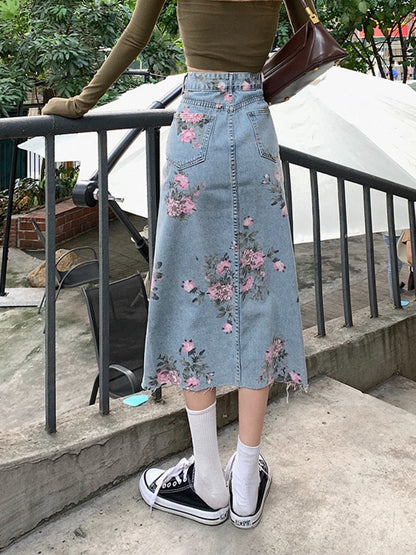 jinran Spring And Summer Trendy Flower Split Denim Skirt Women's 5XL Slightly Fat MM Thin Bag Hip Mid-length A-line Skirt