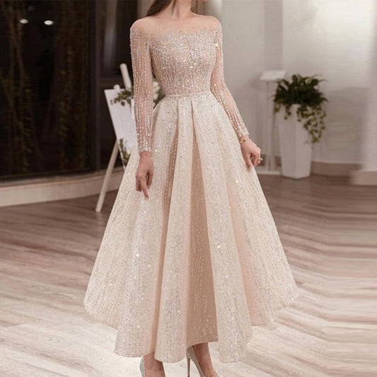 jinran Woman Fashion Evening Dress Sexy Slim Fit Long Sleeved Mid Dress Elegant Sequins Solid Color A-Line Party Dresses