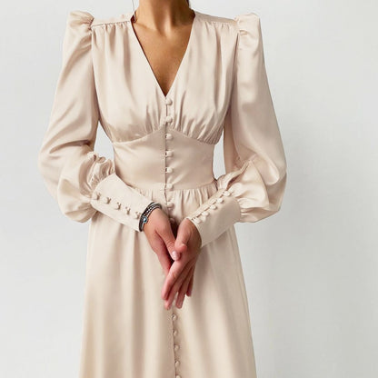 jinran Women Autumn Puff Sleeve Elegant Dress Long Sleeve V Neck Slim Waist Long Dress Korean Fashion Vintage Dresses Female