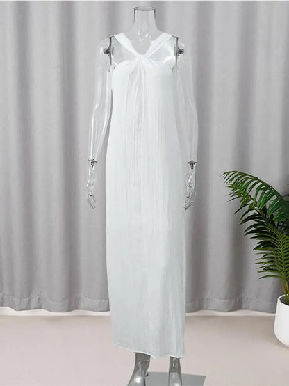 jinran Sexy White Off Shoulder Halter Pleated Maxi Dress For Women Fashion Sleeveless Loose Dresses 2024 Lady High Streetwear Vestidos
