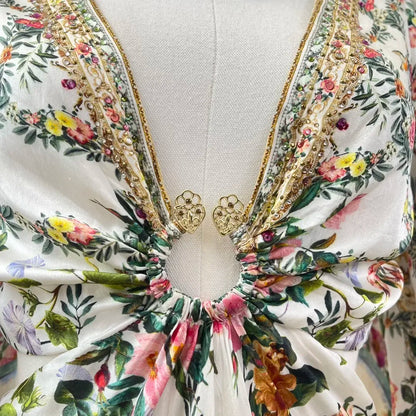 jinran White Floral Print Long Sleeve Cut Out Ankle-length Dress