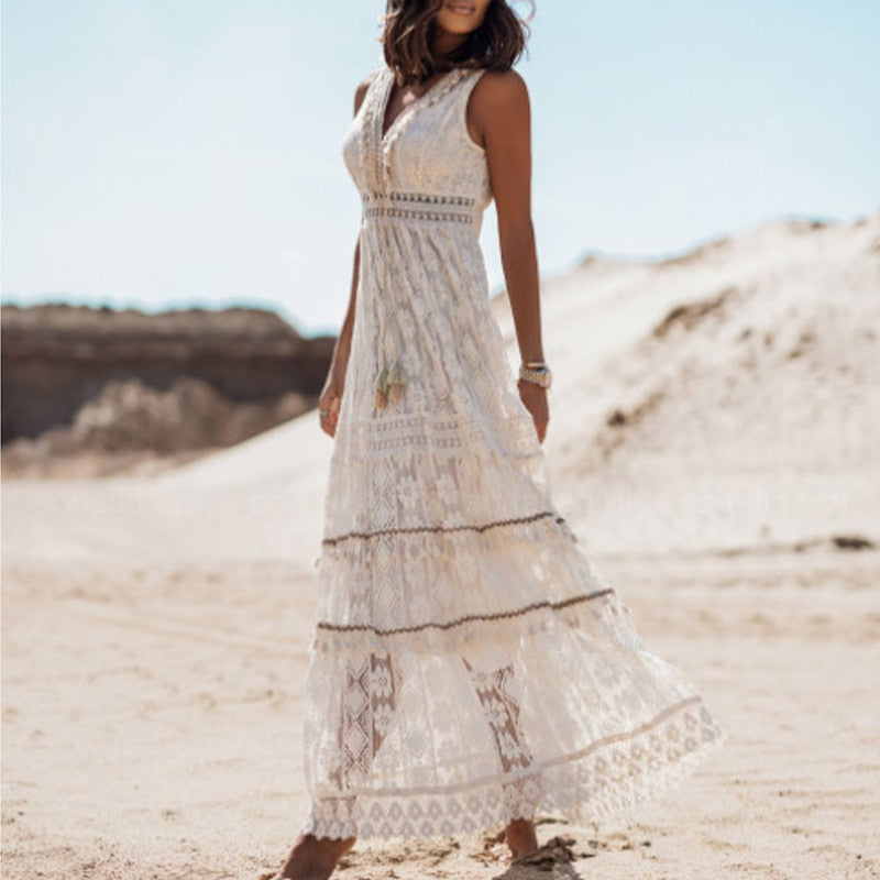 jinran Summer Boho Long Dresses Women Lace V Neck Spaghetti Strap Dress Lady Off Shoulder Beach Sundress White Dress Vestidos De Mujer