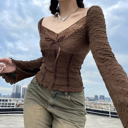 jinran Folds V Neck Women's Crop Top Elegant Lace Patchwork Slim Brown Vintage T-shirt Lady Fashion Streetwear Summer Autumn Outfit