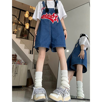 jinran Women Streetwear Kawaii Denim Shorts Overalls Lady Fashion Embroidery Oversize Wide Leg Jeans Female Y2k Clothes Deep Blue Pants