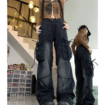 jinran Women's Black Gothic Baggy Sense of Design Cargo Jeans Harajuku Y2k Aesthetic Jeans Pants Vintage Clothes Hip Hop Denim Trousers