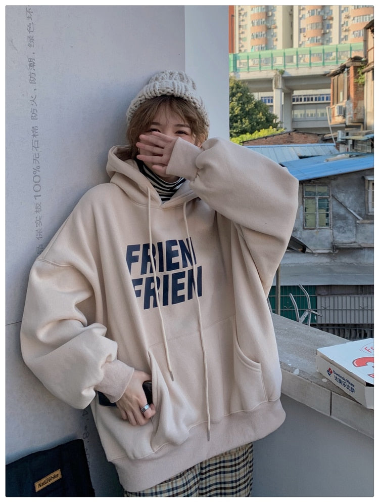 jinran Korean Fashion New Grey Loose Fleece Pullover Vintage Pocket Letter Printing Sweatshirt Lazy Casual Raglan Sleeves Hoodie Autumn