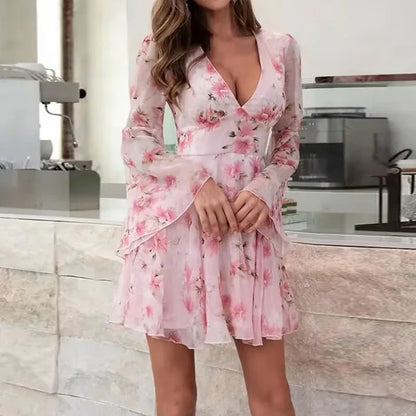 jinran Women Elegant Floral Print Hem A-Line Dress New Spring Sexy Deep V Neck Hollow Party Dress Summer Flare Sleeve Zipper Mini Dress