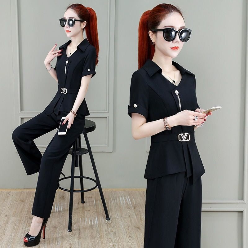 jinran Korean Style Summer Elegant Women's Pants Set Belt Decorative Asymmetric Chiffon Shirt Casual Pants Two-piece Set Tracksut