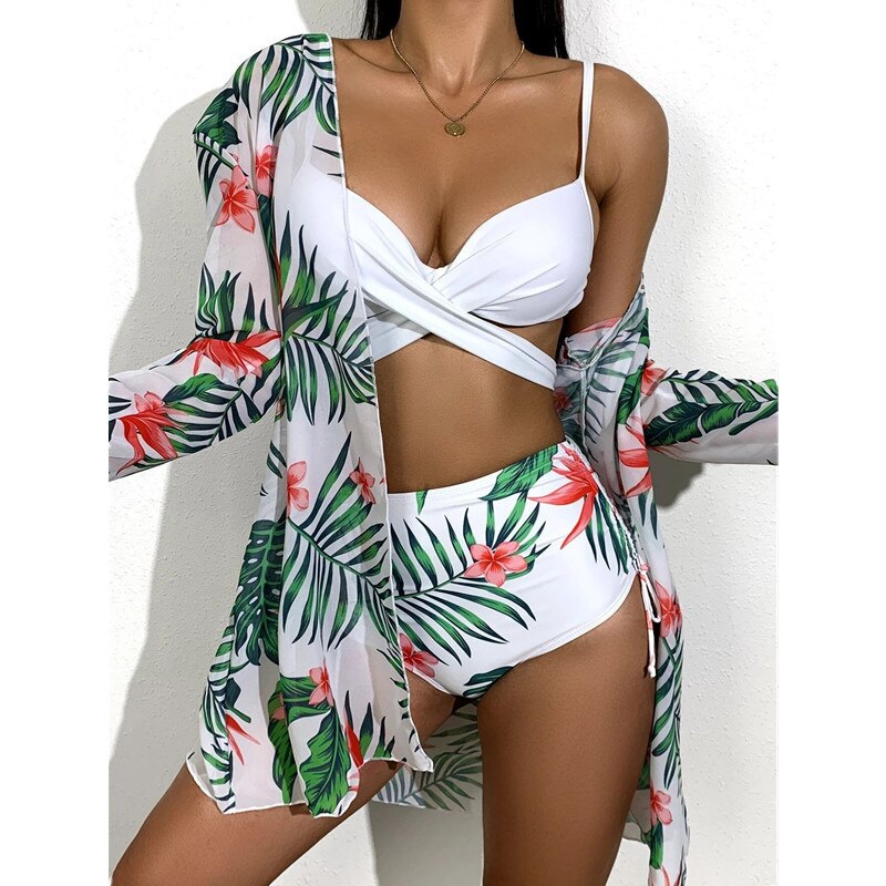 jinran New Bikini Sexy Mesh Three-piece Printed Split Swimsuit Women Women's Bikinis Trend Swimwear Two-piece Push Up