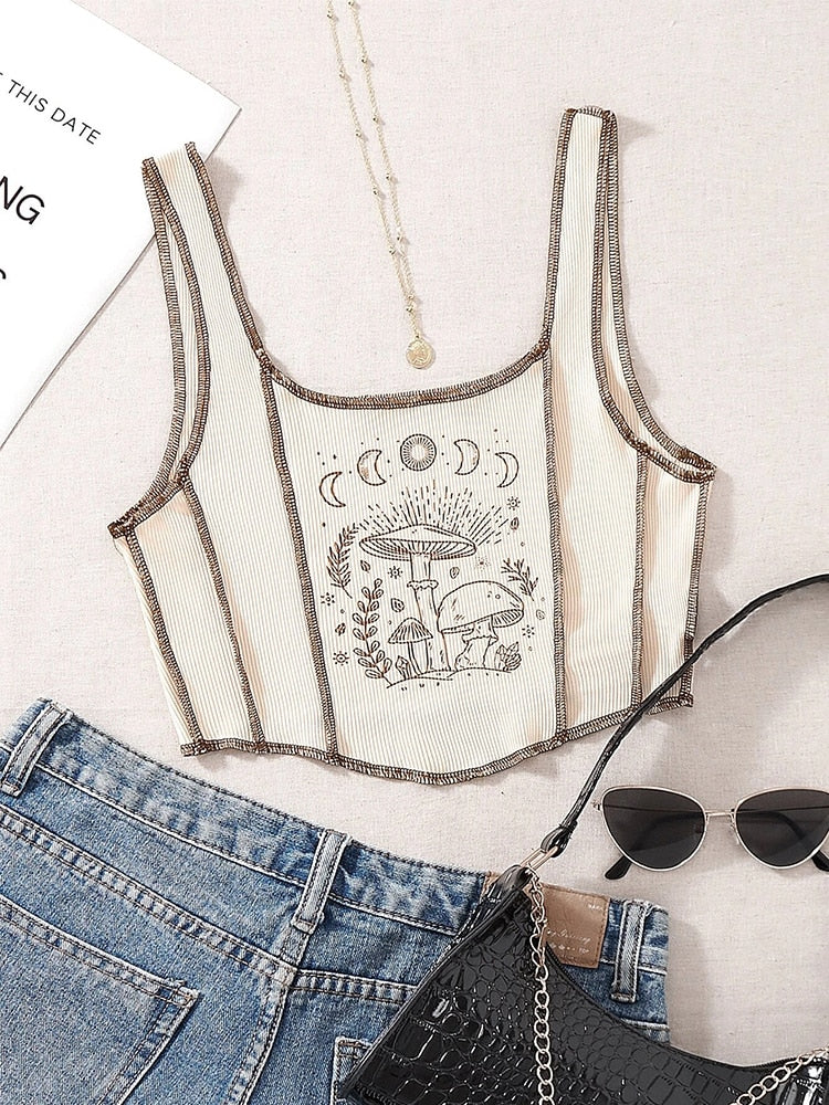 jinran Gothic Grunge Print Crop Tank Top for Women Summer Sleeveless Topstitching Patchwork Asymmetrical Cute Baby Tee Y2K Shirts