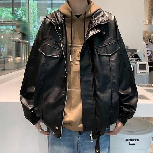 American PU Jacket Men's Embroidered Street Pilot Motorcycle Suit Hiphop Trendy Brand Loose Oversized Ruffian Handsome Top