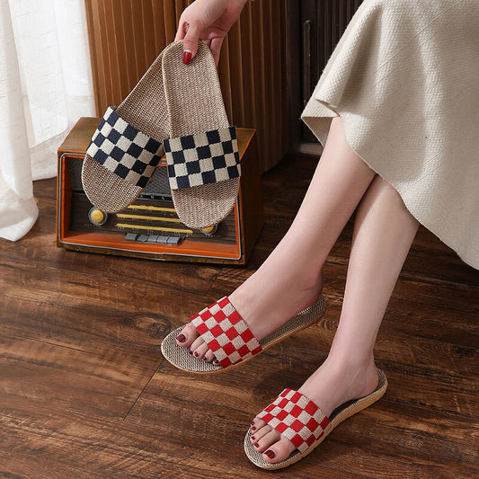 jinran New Checkerboard Linen Slippers Women 2022 Summer Indoor Home Shoes Household Non-slip Couple Four Seasons Men's Sandals Y