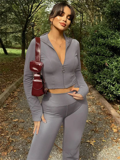 nvxiot  -  Winter Casual 2 Piece-Set Straight Legg Female Zipper Cardigan And High Waist Skinny Tracksuit Women's Pants Outfits 2024