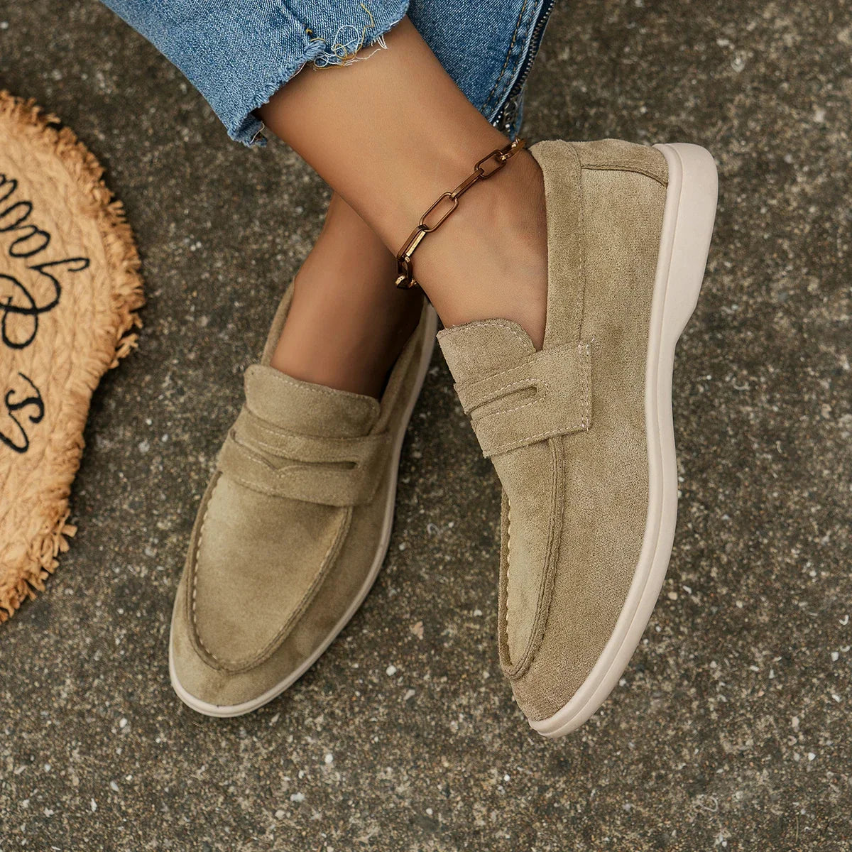 jinran Women Flat Shoes Khaki Suede Summer Walk Shoes Slip-on Lazy Loafers Causal Moccasin Comfortable Mules Driving Shoes