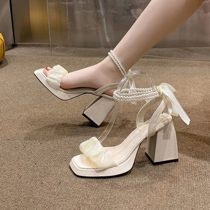 jinran Comfort Shoes for Women Pearl Sandals Suit Female Beige Increasing Height Block Heels All-Match Black Bow 2024 Fashion Chunky Gi