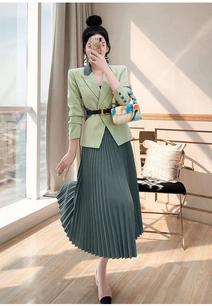 jinran 2022 Spring New Women's Two Pieces Suit Set Office Lady French Graceful Coats+Pleated Skirts Sets with Waistband Green Clothing