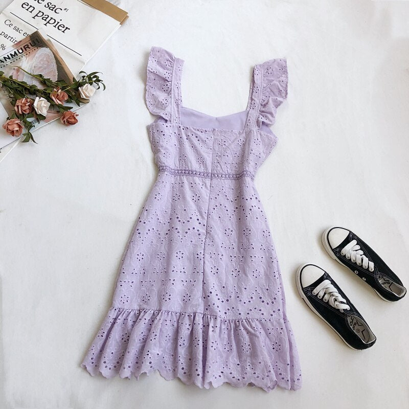 jinran 2022 New Summer Women Vintage Fashion Square Collar Sleeveless Hollow Out Solid Lace Mini Dress Ladies Party Vestidos