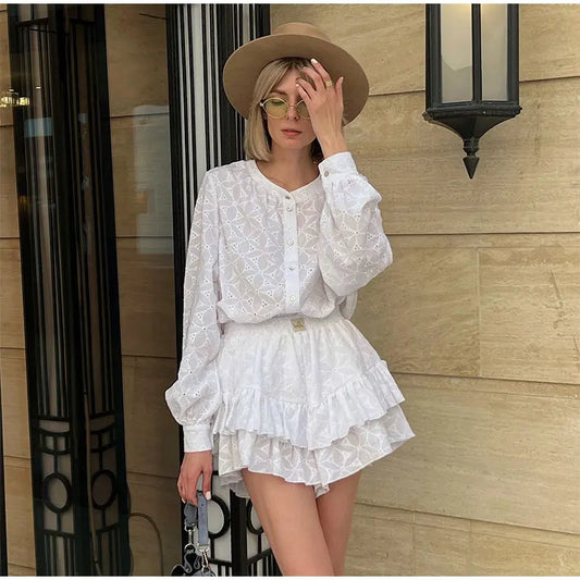 jinran Long Sleeved Shirt Shorts Sets Women Summer Stand Collar Single Breasted White Blouse Suits Casual Vacation 2 Pieces Set Outfit