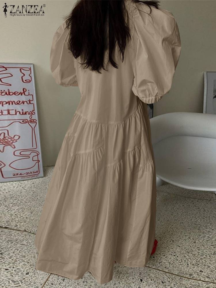 jinran 2022 Summer Half Puff Sleeve Sundress Women Casual O Neck Smocking Vestidos ZANZEA Vintage Loose Solid Kaftan Oversize Club Robe