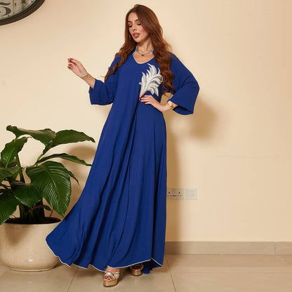 jinran Casual New Style Round Neck Fine Plain Color Polyester Muslim Southeast Asian Women's Chest Applique Dress Ab173