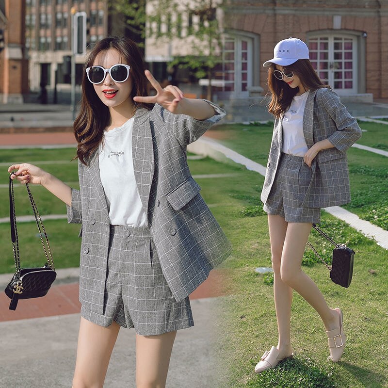 jinran Spring Summer Women Thin Casual Blazer Korean Fashion Graceful Plaid Suit Coat+Short Pants Two Pieces Set Workwear Female