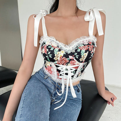 jinran Top Womens Summer Tank Tops Sexy Elegant Vest Corset Straps Sleeveless Lace Design Printing Fashion Chic Club Party Wear